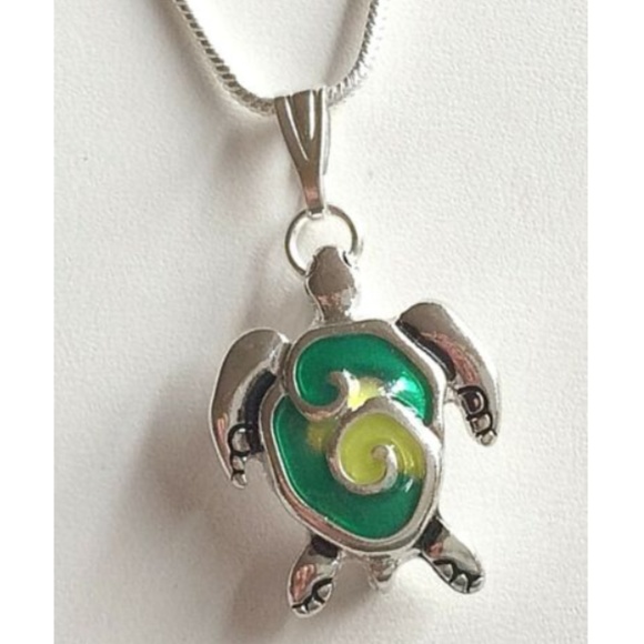 Silver Sea Life Turtle Necklace Green Enamel 18-20 inch Chain Plated Nautical - Picture 6 of 8